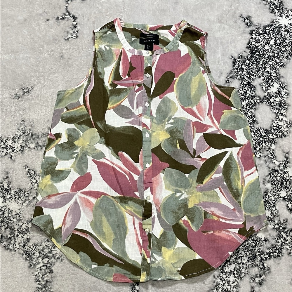 Tahari 100% Linen Sleeveless‎ Blouse Womens Size Small Floral Button Front